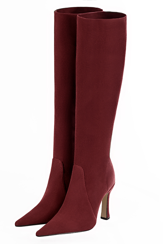 Burgundy red feminine knee high boots. Made to measure. Pointed toe. Very high spool heels